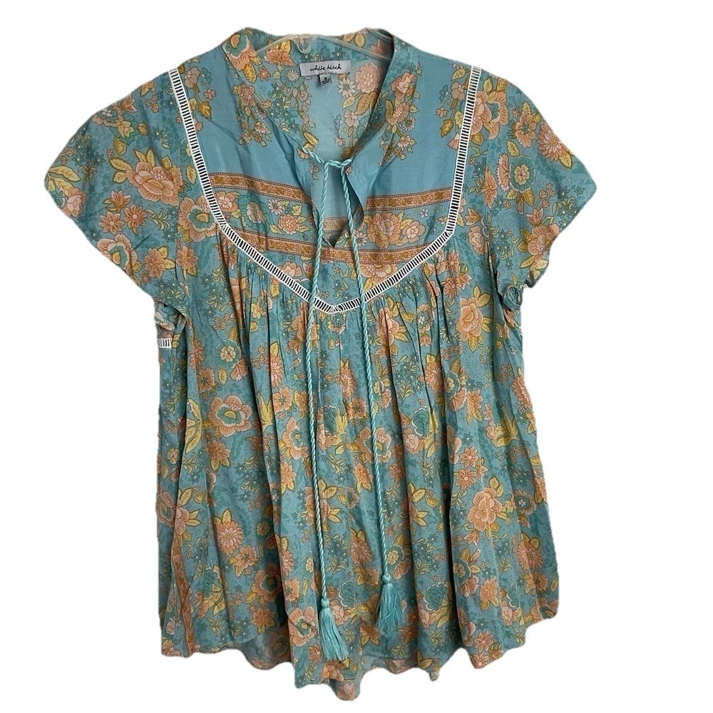 Women's Small Rayon Flowy Boho Blouse Green Peasant Blouse Short Sleeve